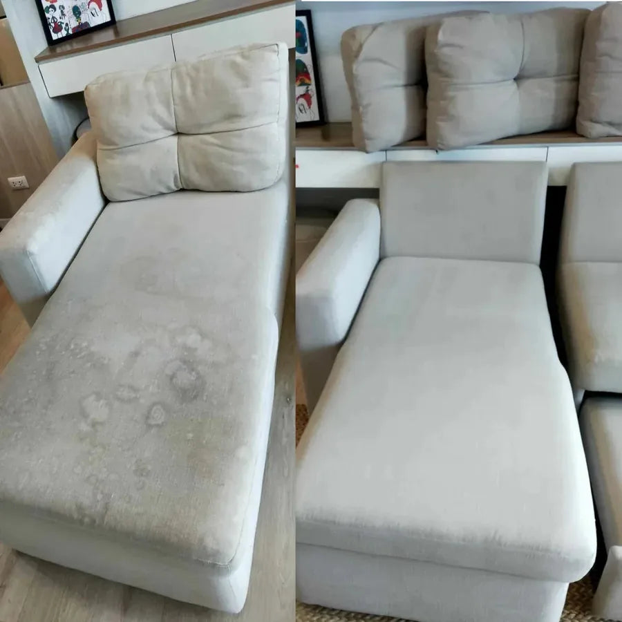 Antes e depois de sofá claro higienizado com vapor